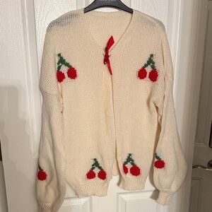 SHEIN Cream Cardigan with Red Cherry Design